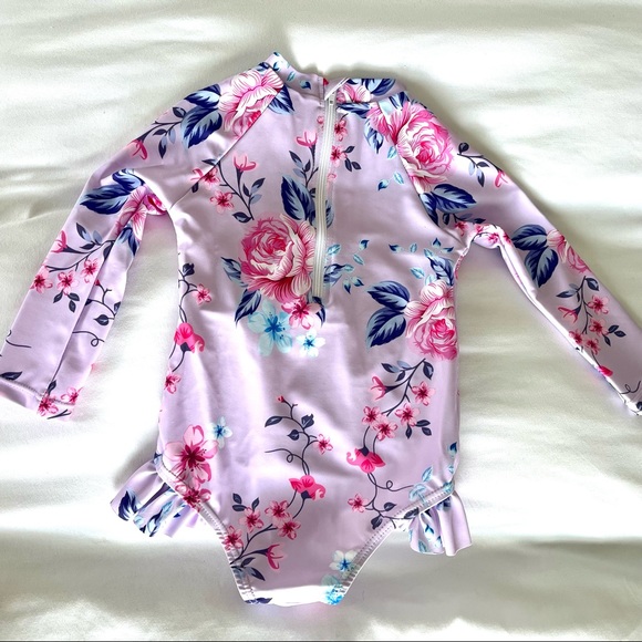 NWOT Toddler Swim One Piece Long Sleeve Rashguard Purple Floral - Picture 4 of 5